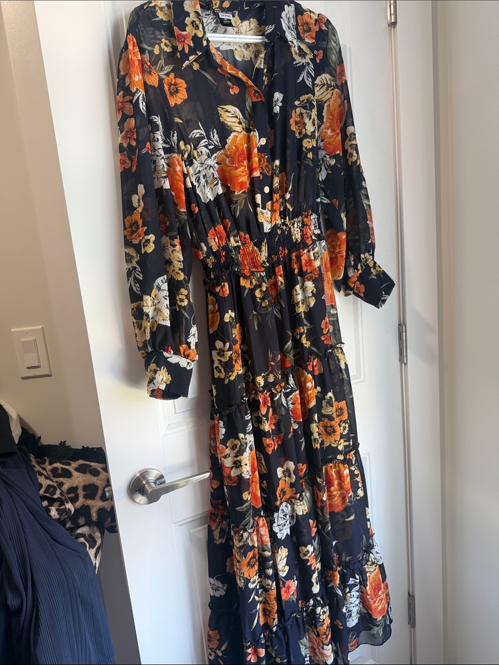 Black Maxi Dress with Orange Floral Print and Long Sleeves